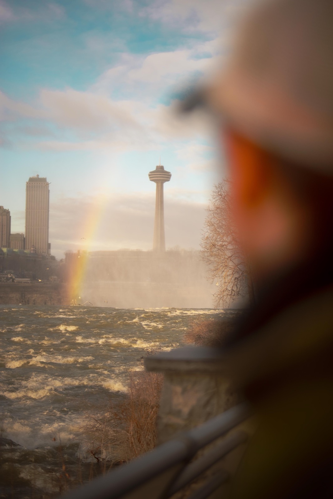 Rainbow over Niagara Falls with the Skylon Tower