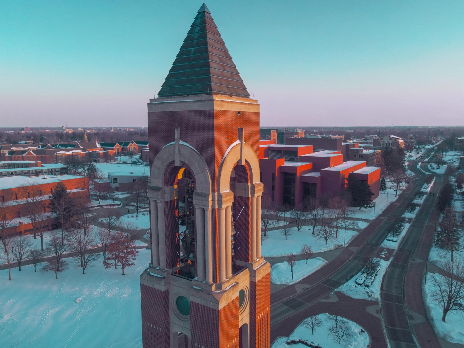 Drone view of Shafer Tower at Ball State University