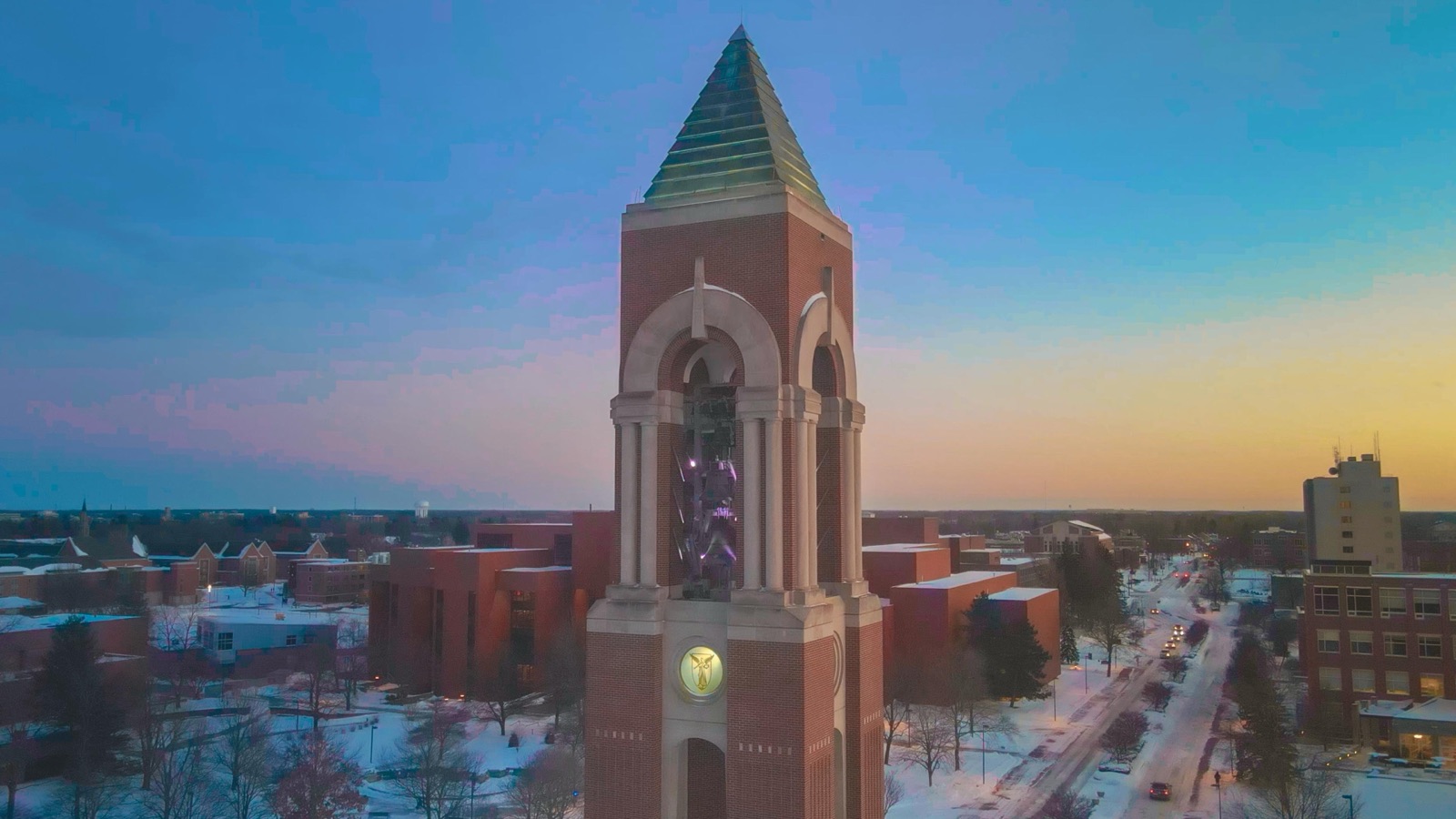Shafer Tower against a sunset