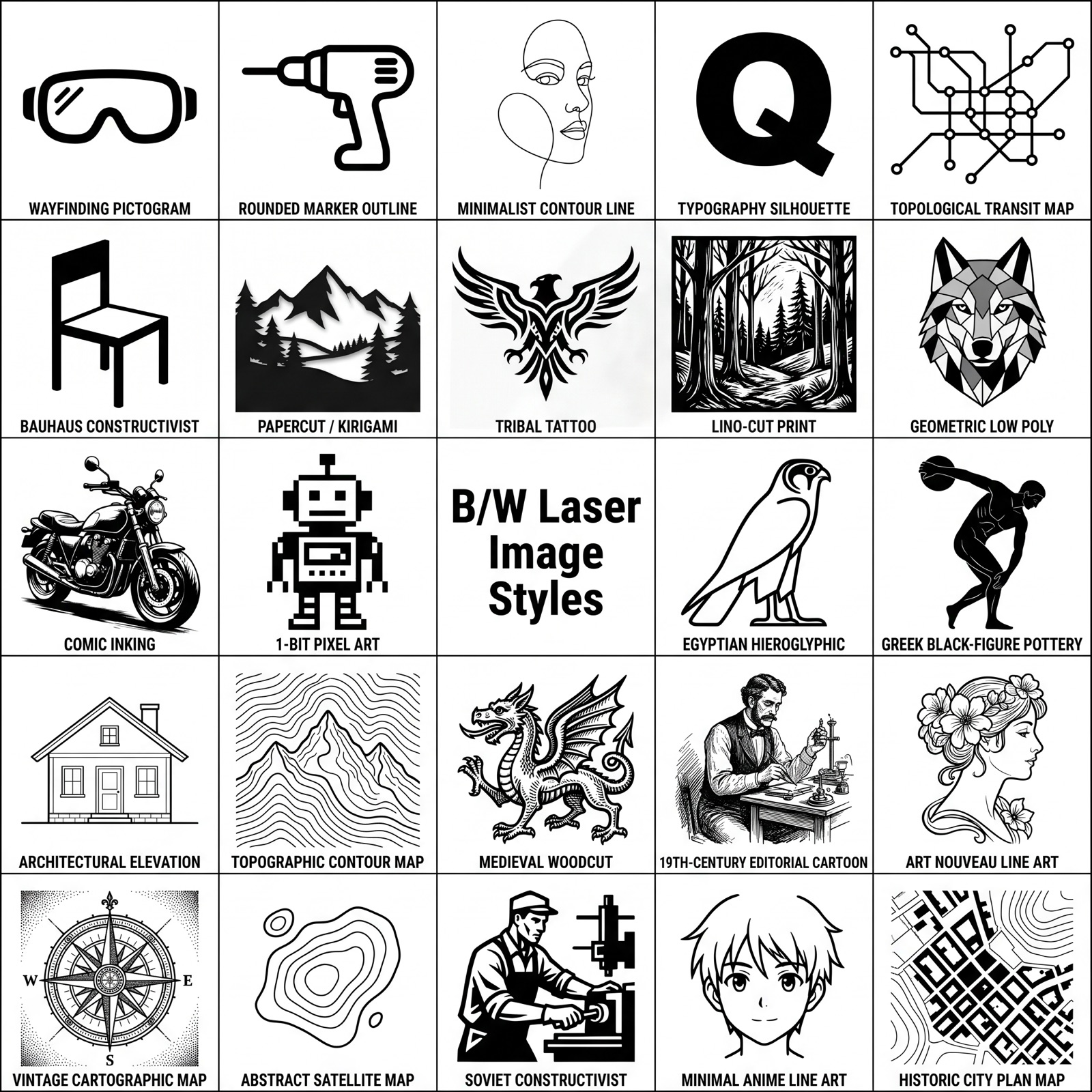 Reference grid of black-and-white image styles for laser engraving