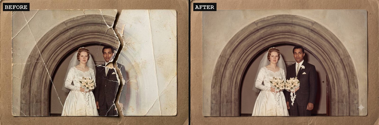 Torn, faded wedding portrait beside the repaired version