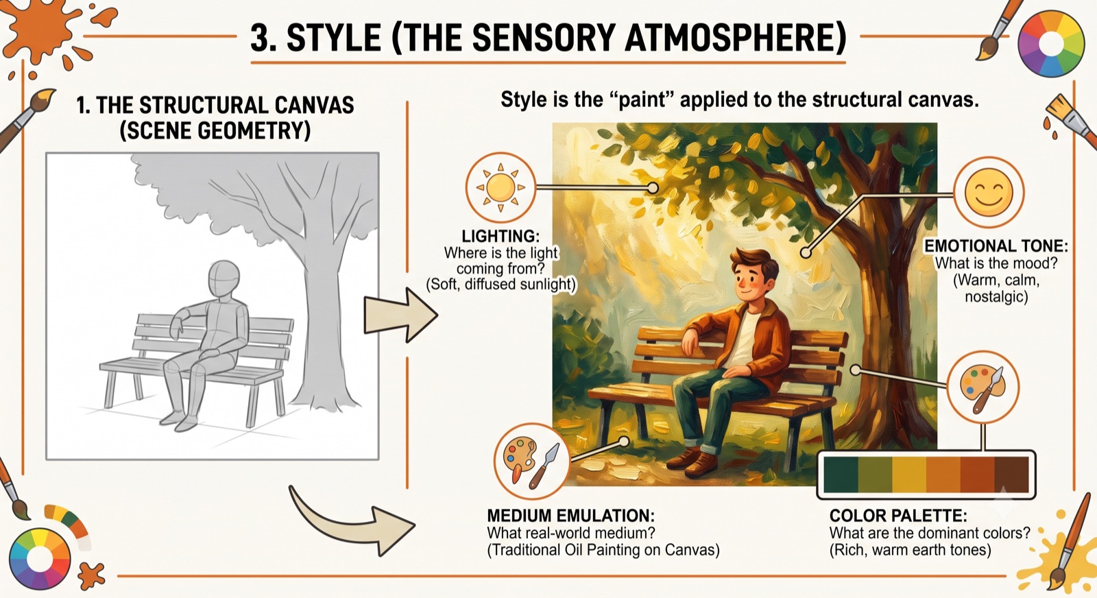 Infographic showing a line drawing turned into a painted scene