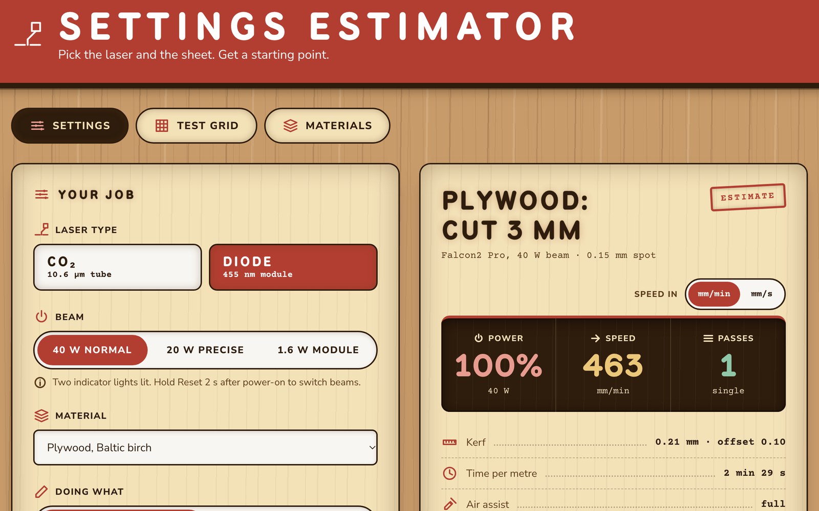 The Laser Settings Estimator showing power, speed and passes for cutting 3 mm plywood