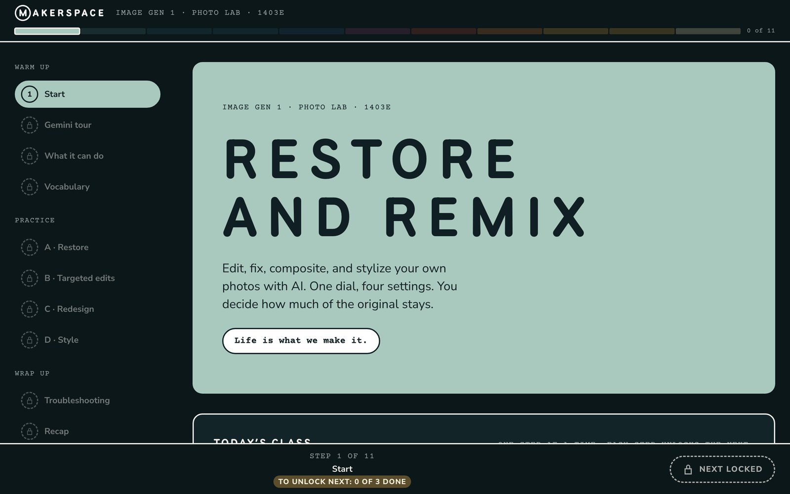 The Restore and Remix class app's start screen, with its 11 steps down the side