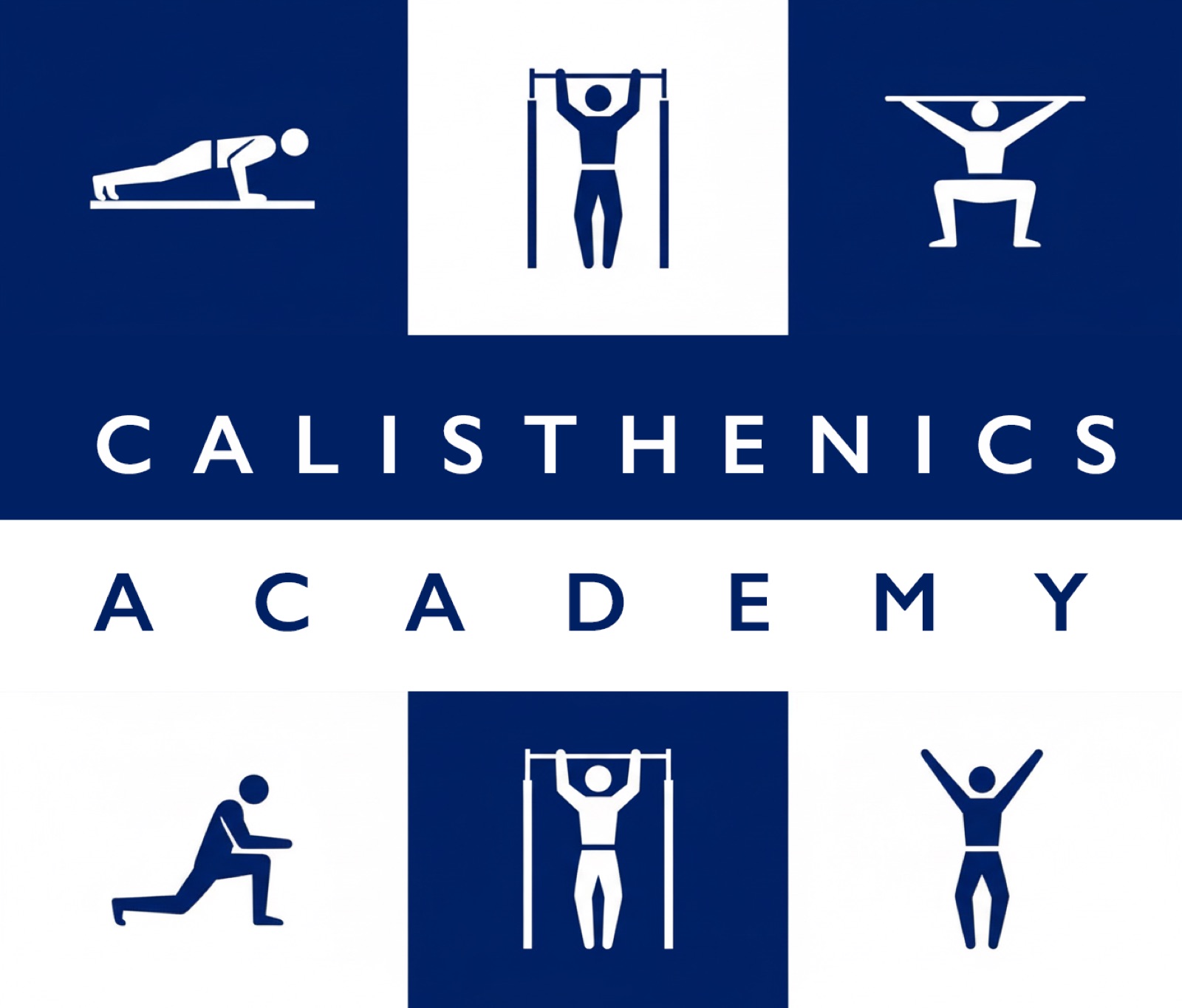 Navy and white Calisthenics Academy logo with exercise pictograms