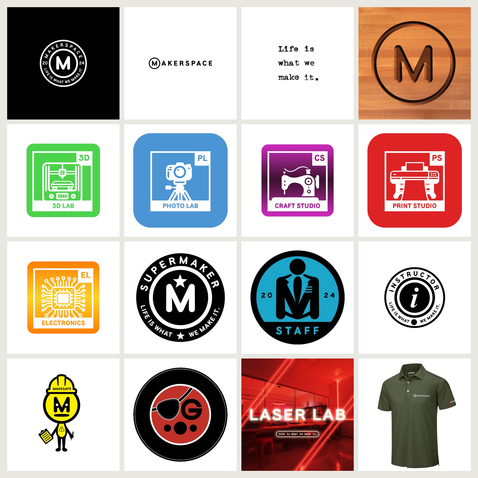 Grid of Makerspace brand pieces: logos, colored skill-area icons, badges, mascots and a polo