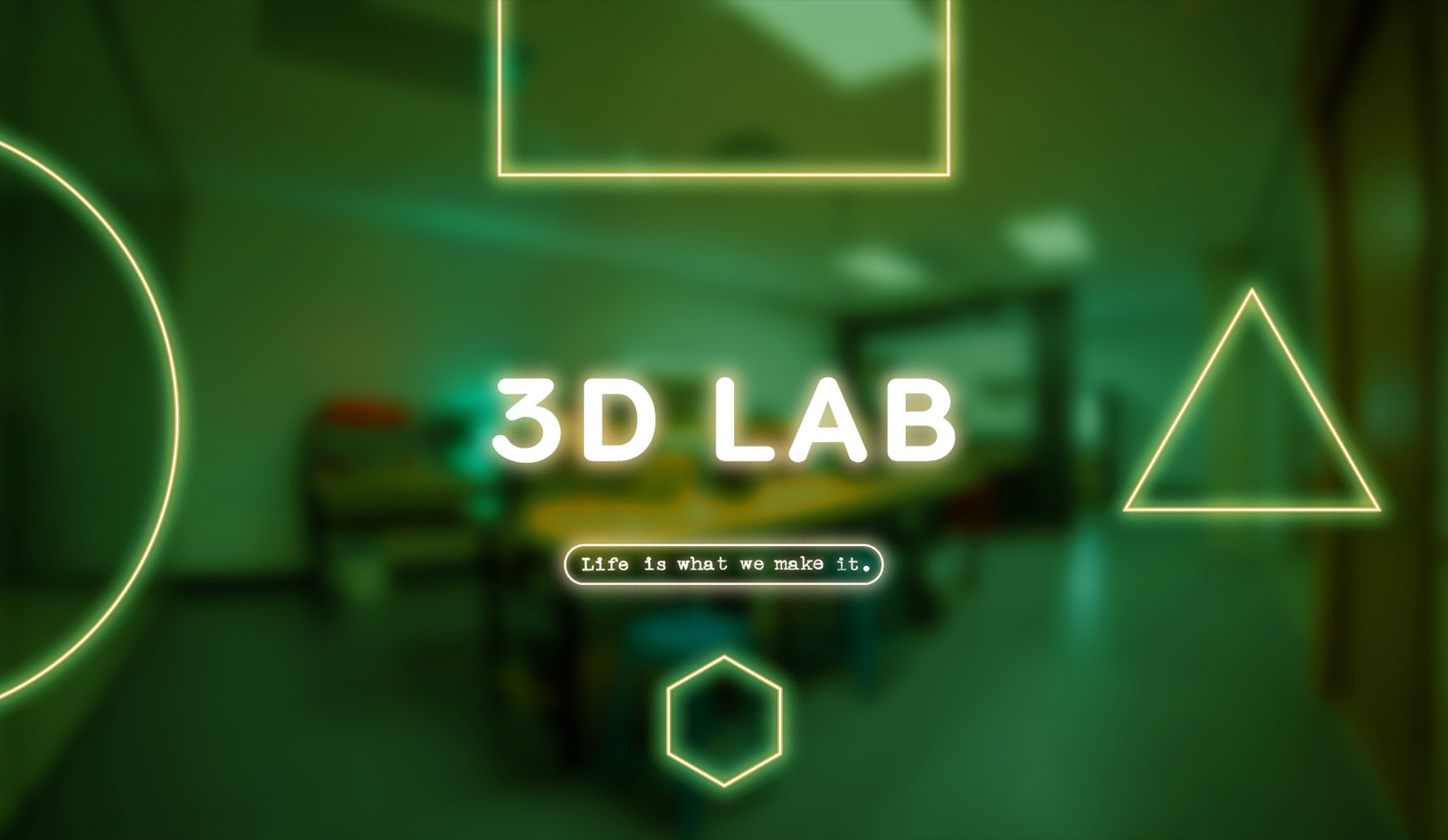 Green 3D Lab sign glowing over the lab