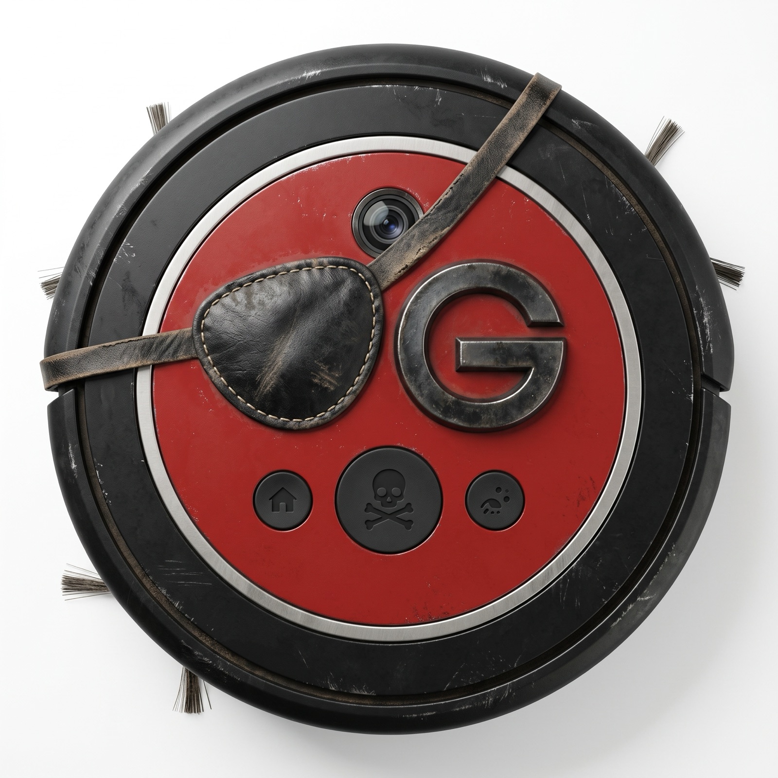 Photoreal robot vacuum with an eye patch and a G